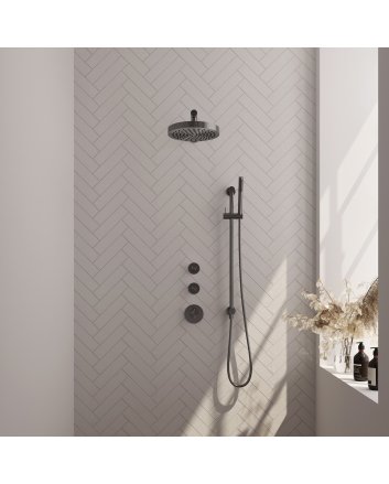 BRAUER Stripe thermostatische inbouw regendouche SET 07 met 25 cm douchekop en rechte muurarm en staaf handdouche en doucheslang en geïntegreerde glijstang gunmetal geborsteld PVD