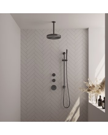 BRAUER Stripe thermostatische inbouw regendouche SET 09 met 25 cm douchekop en plafondarm en staaf handdouche en doucheslang en geïntegreerde glijstang gunmetal geborsteld PVD