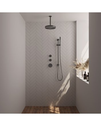 BRAUER Stripe thermostatische inbouw regendouche SET 09 met 25 cm douchekop en plafondarm en staaf handdouche en doucheslang en geïntegreerde glijstang gunmetal geborsteld PVD