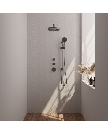 BRAUER Stripe thermostatische inbouw regendouche SET 10 met 25 cm douchekop en rechte muurarm en 3-standen handdouche en doucheslang en geïntegreerde glijstang gunmetal geborsteld PVD