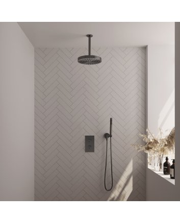 BRAUER Stripe thermostatische inbouw regendouche 3-weg rechthoekig SET 15 met 25 cm douchekop en plafondarm en staaf handdouche en doucheslang en wandaansluitbocht gunmetal geborsteld PVD