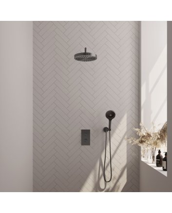 BRAUER Stripe thermostatische inbouw regendouche 3-weg rechthoekig SET 17 met 25 cm douchekop en gebogen muurarm en 3-standen handdouche en doucheslang en wandaansluitbocht gunmetal geborsteld PVD