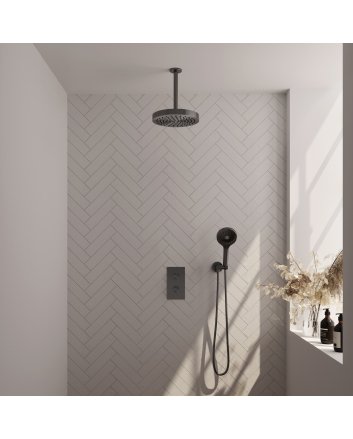 BRAUER Stripe thermostatische inbouw regendouche 3-weg rechthoekig SET 18 met 25 cm douchekop en plafondarm en 3-standen handdouche en doucheslang en wandaansluitbocht gunmetal geborsteld PVD