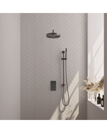 BRAUER Stripe thermostatische inbouw regendouche 3-weg rechthoekig SET 20 met 25 cm douchekop en gebogen muurarm en staaf handdouche en doucheslang en geïntegreerde glijstang gunmetal geborsteld PVD