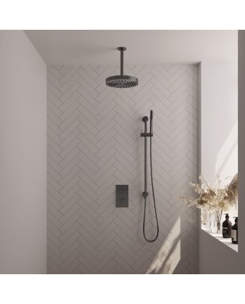 BRAUER Stripe thermostatische inbouw regendouche 3-weg rechthoekig SET 21 met 25 cm douchekop en plafondarm en staaf handdouche en doucheslang en geïntegreerde glijstang gunmetal geborsteld PVD