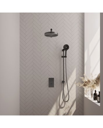 BRAUER Stripe thermostatische inbouw regendouche 3-weg rechthoekig SET 22 met 25 cm douchekop en rechte muurarm en 3-standen handdouche en doucheslang en geïntegreerde glijstang gunmetal geborsteld PVD