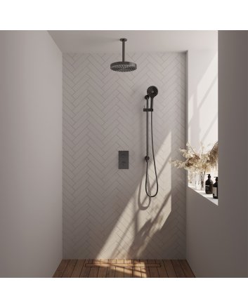 BRAUER Stripe thermostatische inbouw regendouche 3-weg rechthoekig SET 24 met 25 cm douchekop en plafondarm en 3-standen handdouche en doucheslang en geïntegreerde glijstang gunmetal geborsteld PVD