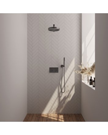 BRAUER Stripe thermostatische inbouw regendouche met drukknoppen SET 25 met 25 cm douchekop en rechte muurarm en staaf handdouche en doucheslang en wandaansluitbocht gunmetal geborsteld PVD