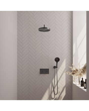 BRAUER Stripe thermostatische inbouw regendouche met drukknoppen SET 29 met 25 cm douchekop en gebogen muurarm en 3-standen handdouche en doucheslang en wandaansluitbocht gunmetal geborsteld PVD