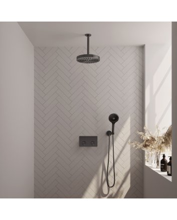 BRAUER Stripe thermostatische inbouw regendouche met drukknoppen SET 30 met 25 cm douchekop en plafondarm en 3-standen handdouche en doucheslang en wandaansluitbocht gunmetal geborsteld PVD