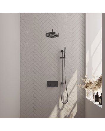 BRAUER Stripe thermostatische inbouw regendouche met drukknoppen SET 32 met 25 cm douchekop en gebogen muurarm en staaf handdouche en doucheslang en geïntegreerde glijstang gunmetal geborsteld PVD