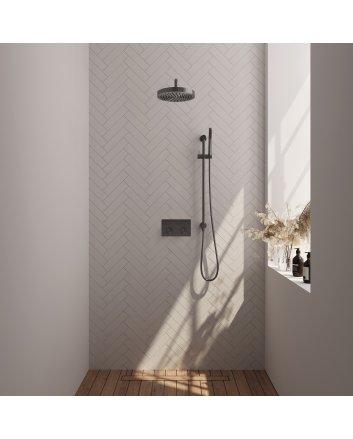 BRAUER Stripe thermostatische inbouw regendouche met drukknoppen SET 32 met 25 cm douchekop en gebogen muurarm en staaf handdouche en doucheslang en geïntegreerde glijstang gunmetal geborsteld PVD