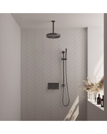 BRAUER Stripe thermostatische inbouw regendouche met drukknoppen SET 33 met 25 cm douchekop en plafondarm en staaf handdouche en doucheslang en geïntegreerde glijstang gunmetal geborsteld PVD