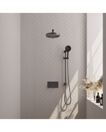 BRAUER Stripe thermostatische inbouw regendouche met drukknoppen SET 34 met 25 cm douchekop en rechte muurarm en 3-standen handdouche en doucheslang en geïntegreerde glijstang gunmetal geborsteld PVD
