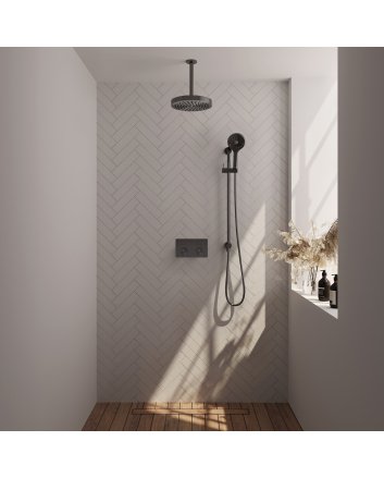 BRAUER Stripe thermostatische inbouw regendouche met drukknoppen SET 36 met 25 cm douchekop en plafondarm en 3-standen handdouche en doucheslang en geïntegreerde glijstang gunmetal geborsteld PVD