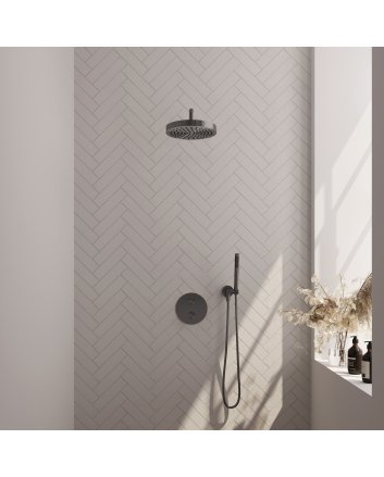 BRAUER Stripe thermostatische inbouw regendouche 3-weg rond SET 38 met 25 cm douchekop en gebogen muurarm en staaf handdouche en doucheslang en wandaansluitbocht gunmetal geborsteld PVD