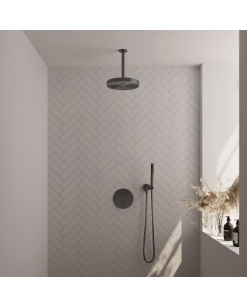 BRAUER Stripe thermostatische inbouw regendouche 3-weg rond SET 39 met 25 cm douchekop en plafondarm en staaf handdouche en doucheslang en wandaansluitbocht gunmetal geborsteld PVD