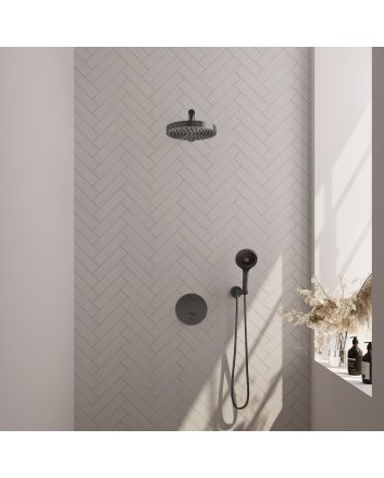 BRAUER Stripe thermostatische inbouw regendouche 3-weg rond SET 40 met 25 cm douchekop en rechte muurarm en 3-standen handdouche en doucheslang en wandaansluitbocht gunmetal geborsteld PVD