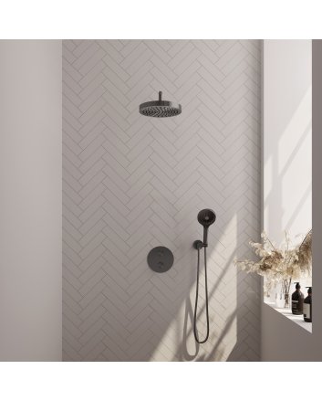 BRAUER Stripe thermostatische inbouw regendouche 3-weg rond SET 41 met 25 cm douchekop en gebogen muurarm en 3-standen handdouche en doucheslang en wandaansluitbocht gunmetal geborsteld PVD