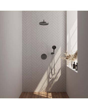 BRAUER Stripe thermostatische inbouw regendouche 3-weg rond SET 41 met 25 cm douchekop en gebogen muurarm en 3-standen handdouche en doucheslang en wandaansluitbocht gunmetal geborsteld PVD