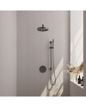 BRAUER Stripe thermostatische inbouw regendouche 3-weg rond SET 43 met 25 cm douchekop en rechte muurarm en staaf handdouche en doucheslang en geïntegreerde glijstang gunmetal geborsteld PVD