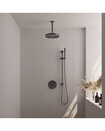 BRAUER Stripe thermostatische inbouw regendouche 3-weg rond SET 45 met 25 cm douchekop en plafondarm en staaf handdouche en doucheslang en geïntegreerde glijstang gunmetal geborsteld PVD