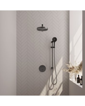 BRAUER Stripe thermostatische inbouw regendouche 3-weg rond SET 46 met 25 cm douchekop en rechte muurarm en 3-standen handdouche en doucheslang en geïntegreerde glijstang gunmetal geborsteld PVD