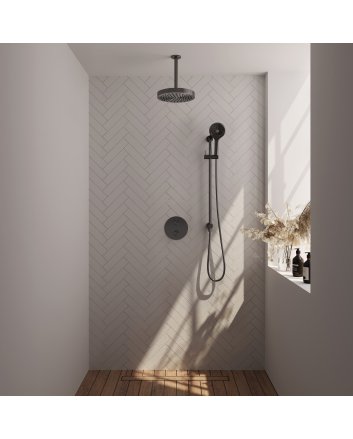 BRAUER Stripe thermostatische inbouw regendouche 3-weg rond SET 48 met 25 cm douchekop en plafondarm en 3-standen handdouche en doucheslang en geïntegreerde glijstang gunmetal geborsteld PVD