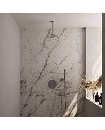 BRAUER Brushed Edition thermostatische inbouw regendouche 3-weg rond SET 77 met 20 cm douchekop en plafondarm en staaf handdouche en doucheslang en wandaansluitbocht RVS geborsteld PVD