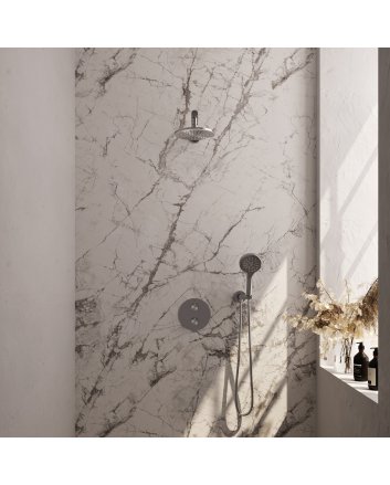 BRAUER Brushed Edition thermostatische inbouw regendouche 3-weg rond SET 79 met 20 cm douchekop en rechte muurarm en 3-standen handdouche en doucheslang en wandaansluitbocht RVS geborsteld PVD