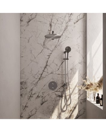 BRAUER Brushed Edition thermostatische inbouw regendouche 3-weg rond SET 92 met 30 cm douchekop en rechte muurarm en 3-standen handdouche en doucheslang en geïntegreerde glijstang RVS geborsteld PVD
