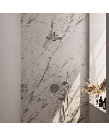 BRAUER Brushed Carving thermostatische inbouw regendouche 3-weg rond SET 74 met 30 cm douchekop en rechte muurarm en staaf handdouche en doucheslang en wandaansluitbocht RVS geborsteld PVD