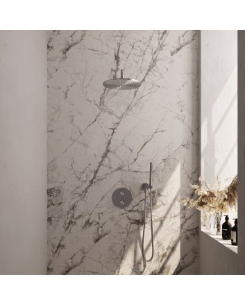 BRAUER Brushed Carving thermostatische inbouw regendouche 3-weg rond SET 76 met 30 cm douchekop en gebogen muurarm en staaf handdouche en doucheslang en wandaansluitbocht RVS geborsteld PVD