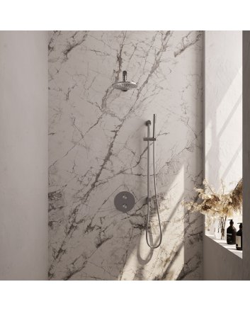 BRAUER Brushed Carving thermostatische inbouw regendouche 3-weg rond SET 85 met 20 cm douchekop en rechte muurarm en staaf handdouche en doucheslang en geïntegreerde glijstang RVS geborsteld PVD