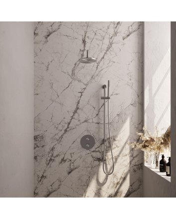 BRAUER Brushed Carving thermostatische inbouw regendouche 3-weg rond SET 87 met 20 cm douchekop en gebogen muurarm en staaf handdouche en doucheslang en geïntegreerde glijstang RVS geborsteld PVD