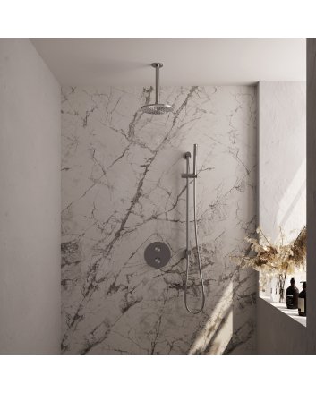 BRAUER Brushed Carving thermostatische inbouw regendouche 3-weg rond SET 89 met 20 cm douchekop en plafondarm en staaf handdouche en doucheslang en geïntegreerde glijstang RVS geborsteld PVD