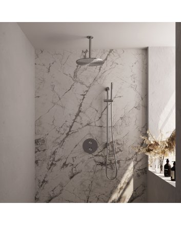 BRAUER Brushed Carving thermostatische inbouw regendouche 3-weg rond SET 90 met 30 cm douchekop en plafondarm en staaf handdouche en doucheslang en geïntegreerde glijstang RVS geborsteld PVD