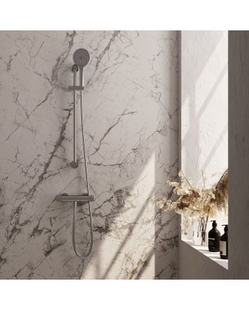 BRAUER Stripe opbouw douche thermostaatkraan SET 02 met glijstang en 3-standen handdouche en doucheslang RVS-kleurig geborsteld PVD