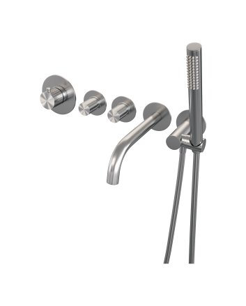 BRAUER Stripe thermostatische inbouw badkraan SET 01 met uitloop en staaf handdouche en doucheslang en wandaansluitbocht RVS-kleurig geborsteld PVD