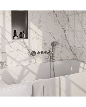 BRAUER Stripe thermostatische inbouw badkraan SET 02 met uitloop en 3-standen handdouche en doucheslang en wandaansluitbocht RVS-kleurig geborsteld PVD
