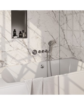 BRAUER Stripe thermostatische inbouw badkraan SET 02 met badvulcombinatie en 3-standen handdouche en doucheslang en wandaansluitbocht RVS-kleurig geborsteld PVD
