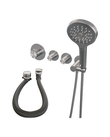 BRAUER Stripe thermostatische inbouw badkraan SET 02 met badvulcombinatie en 3-standen handdouche en doucheslang en wandaansluitbocht RVS-kleurig geborsteld PVD