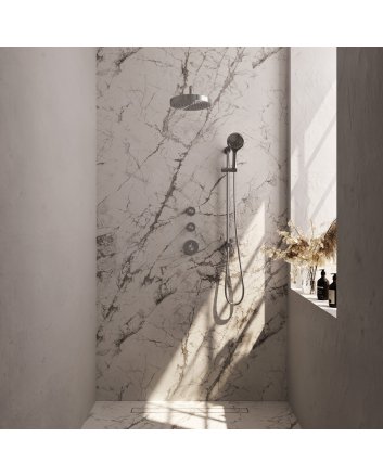 BRAUER Stripe thermostatische inbouw regendouche SET 11 met 25 cm douchekop en gebogen muurarm en 3-standen handdouche en doucheslang en geïntegreerde glijstang RVS-kleurig geborsteld PVD