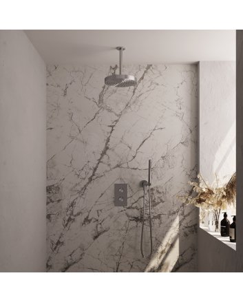 BRAUER Stripe thermostatische inbouw regendouche 3-weg rechthoekig SET 15 met 25 cm douchekop en plafondarm en staaf handdouche en doucheslang en wandaansluitbocht RVS-kleurig geborsteld PVD