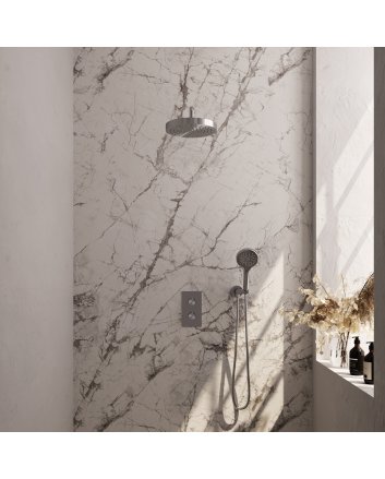 BRAUER Stripe thermostatische inbouw regendouche 3-weg rechthoekig SET 17 met 25 cm douchekop en gebogen muurarm en 3-standen handdouche en doucheslang en wandaansluitbocht RVS-kleurig geborsteld PVD