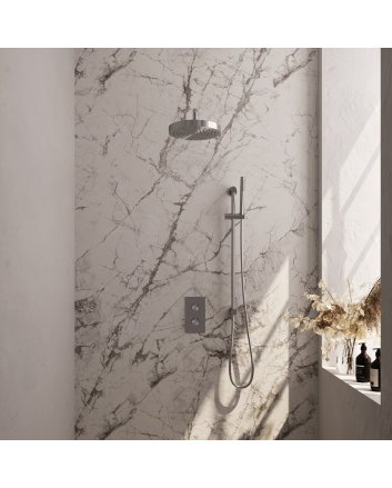 BRAUER Stripe thermostatische inbouw regendouche 3-weg rechthoekig SET 20 met 25 cm douchekop en gebogen muurarm en staaf handdouche en doucheslang en geïntegreerde glijstang RVS-kleurig geborsteld PVD