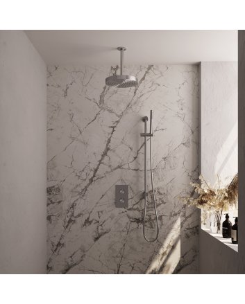 BRAUER Stripe thermostatische inbouw regendouche 3-weg rechthoekig SET 21 met 25 cm douchekop en plafondarm en staaf handdouche en doucheslang en geïntegreerde glijstang RVS-kleurig geborsteld PVD