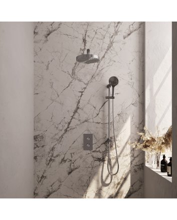 BRAUER Stripe thermostatische inbouw regendouche 3-weg rechthoekig SET 22 met 25 cm douchekop en rechte muurarm en 3-standen handdouche en doucheslang en geïntegreerde glijstang RVS-kleurig geborsteld PVD