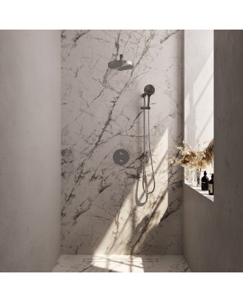 BRAUER Stripe thermostatische inbouw regendouche 3-weg rond SET 46 met 25 cm douchekop en rechte muurarm en 3-standen handdouche en doucheslang en geïntegreerde glijstang RVS-kleurig geborsteld PVD