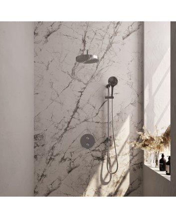 BRAUER Stripe thermostatische inbouw regendouche 3-weg rond SET 47 met 25 cm douchekop en gebogen muurarm en 3-standen handdouche en doucheslang en geïntegreerde glijstang RVS-kleurig geborsteld PVD